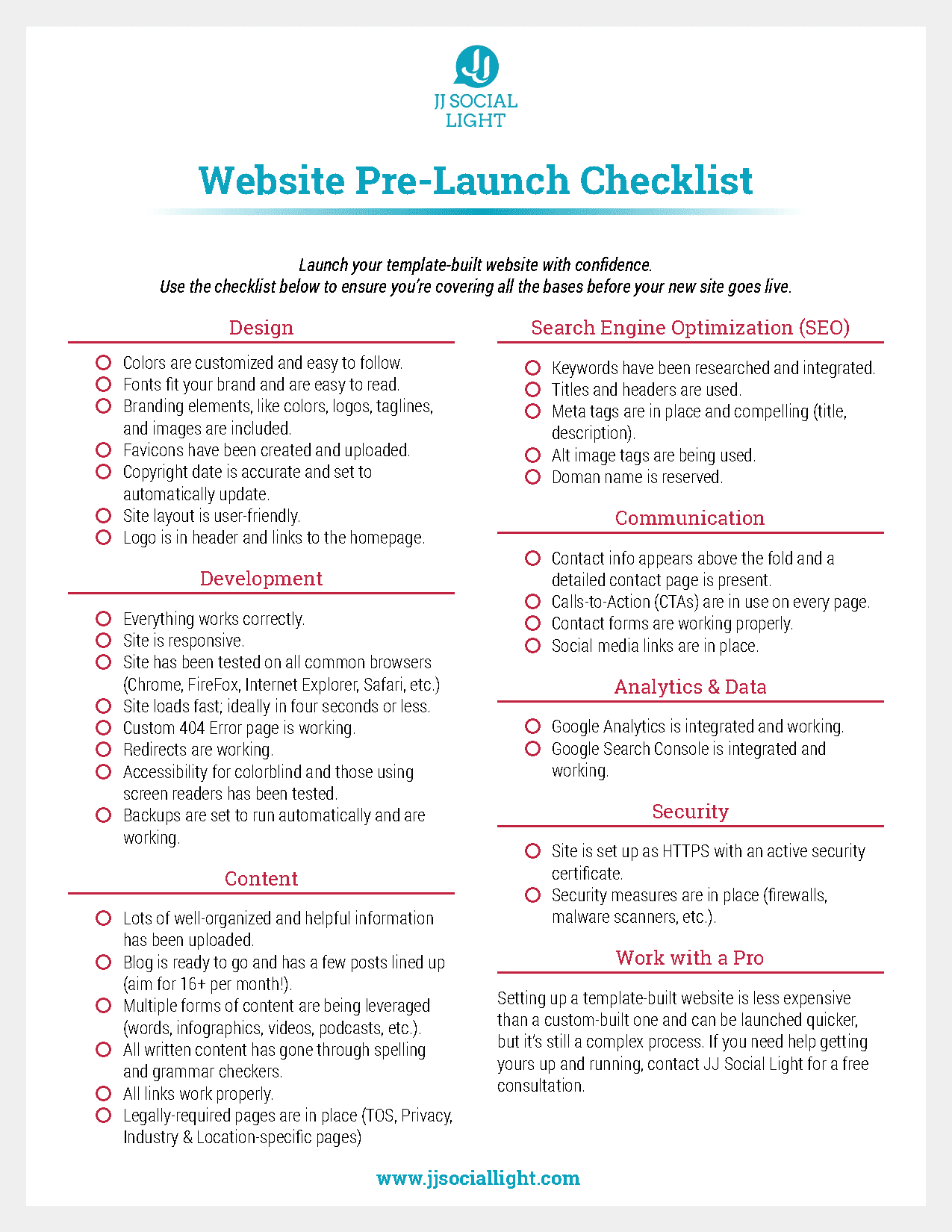 website prelaunch checklist page