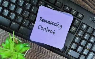 sticky note with the words repurpose content on keyboard.